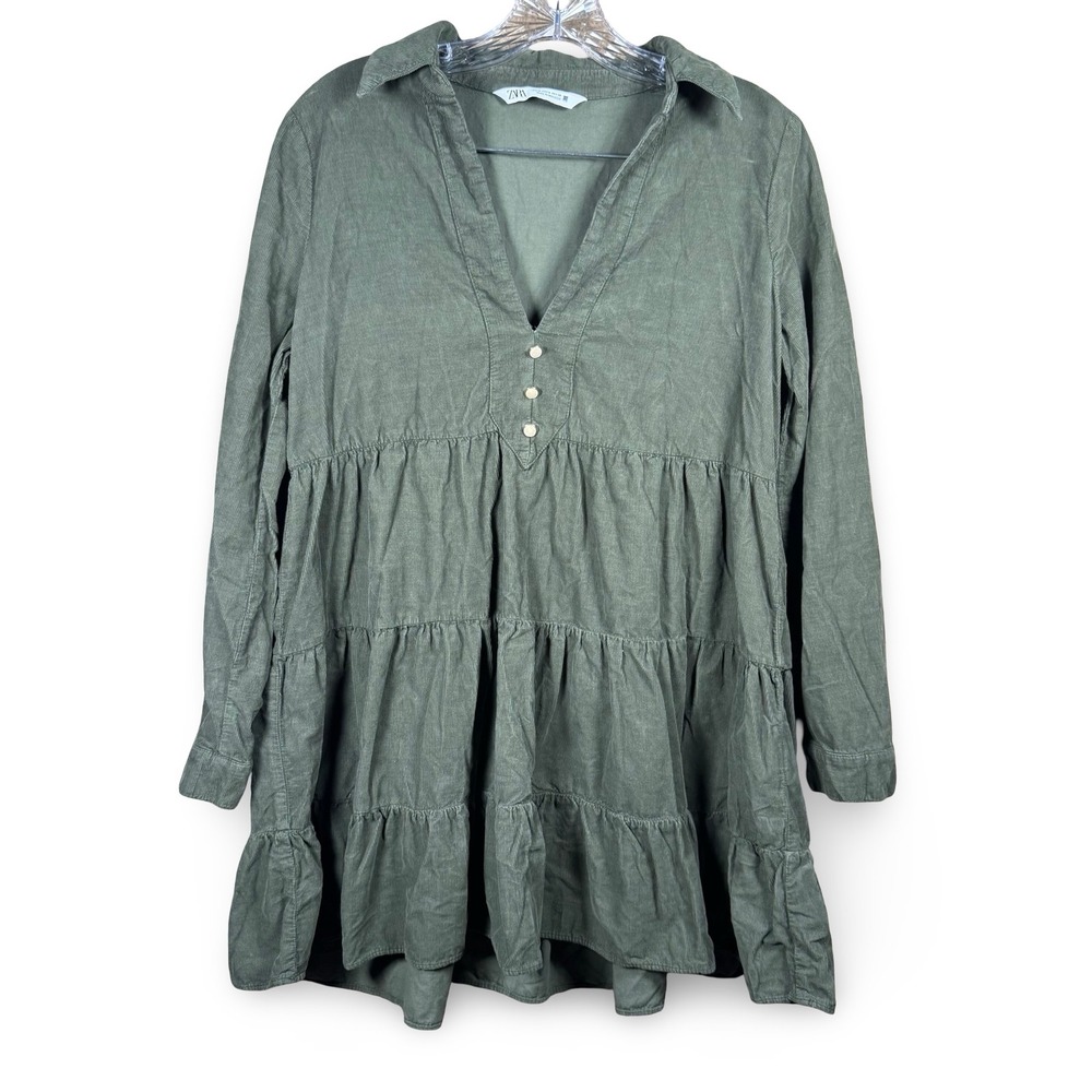 Zara Women's Babydoll Shirt Dress Small S Tiered Button Green Boho‎ Mini Tunic